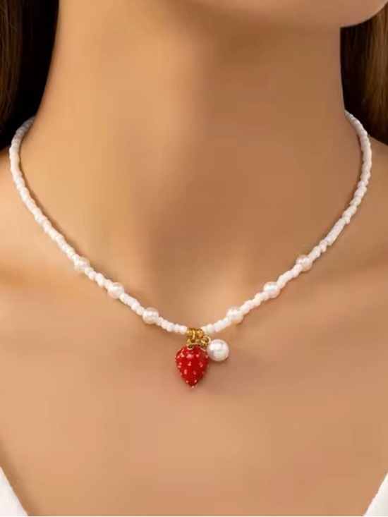 Jewelry - White Pearl Beaded Necklace with Red Strawberry Charm